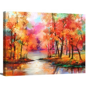 Abstract Autumn Forest Trees Painting Nature Scenery Landscape Floral and Botanical Wrapped Canvas Print Wall Art Office Decor Home Decor