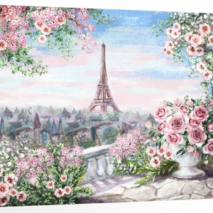 Watercolor Painting Paris Eiffel Tower Pink Flowers France Landscape Artwork Framed Canvas Print Wall Art Office Decor Home Decorations