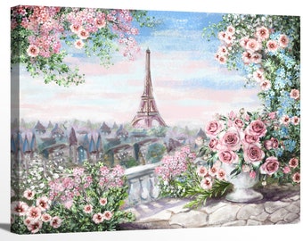 Aquarelle Peinture Paris Tour Eiffel Rose Fleurs France Paysage Oeuvre Encadrée Impression Sur Toile Mur Art Bureau Décor Décorations Pour La Maison