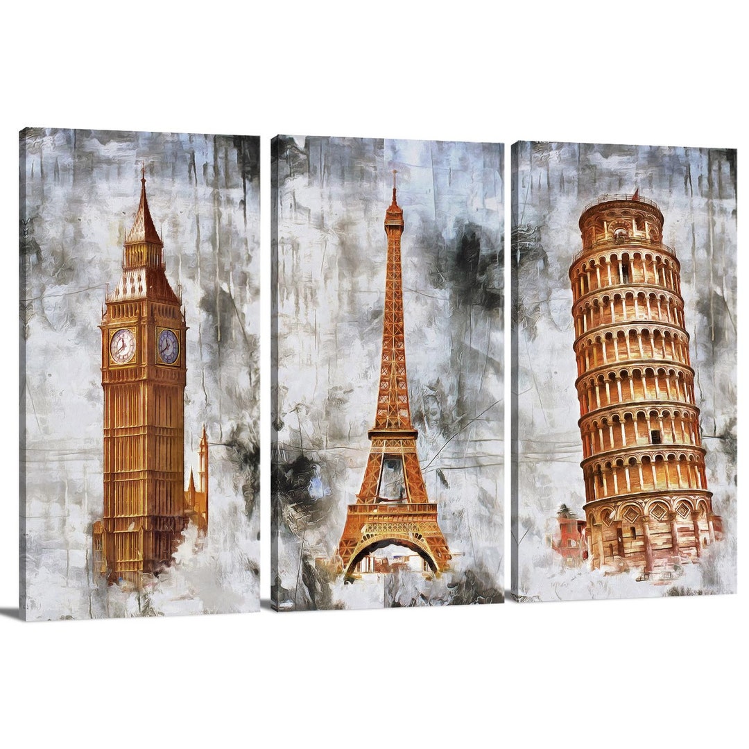 Set of 3 Famous Architecture Big Ben, Leaning Tower of Pisa, Eiffel