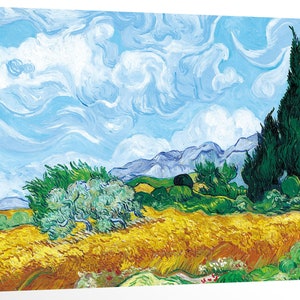 May include: A painting of a landscape with a field of yellow wheat, a few trees, and a blue sky with white clouds. The painting is done in a style reminiscent of Vincent van Gogh.