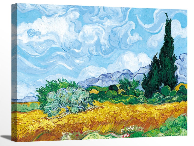 May include: A painting of a landscape with a field of yellow wheat, a few trees, and a blue sky with white clouds. The painting is done in a style reminiscent of Vincent van Gogh.