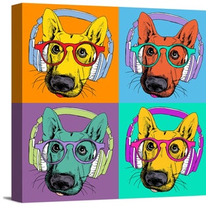 Colorful German Shepherd Dog with headphone & glasses Pop Art Style Abstract Animal Humor Pet Portrait Wrapped Canvas Print Home Decor