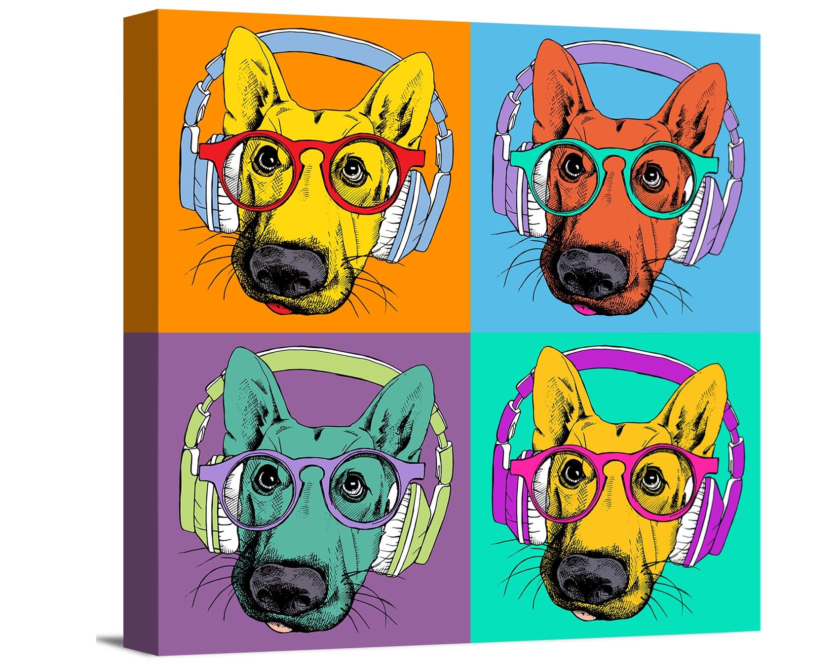 Colorido perro pastor alemán con auriculares y gafas estilo Pop