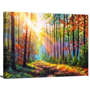 Path in Autumn Forest Trees Sunlight Nature Colorful Landscape Painting Modern Art Framed Canvas Print Wall Art Office Decor Home Decor