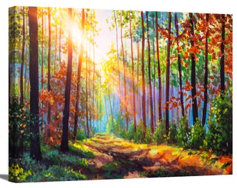 Path in Autumn Forest Trees Sunlight Nature Colorful Landscape Painting Modern Art Framed Canvas Print Wall Art Office Decor Home Decor