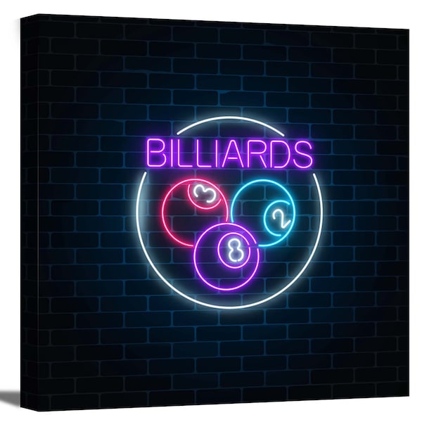 Billiards Neon Sign Board Effect Glowing Pool Hobby Sport Game Room Man Cave Decor Wrapped Canvas Print Wall Art Home Decor Boy's Room Decor