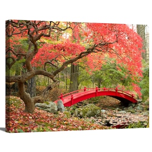 Beautiful Japanese Garden and Red Bridge Landscape Photography Print Poster Framed Canvas Print Wall Art Office Decor Home Decorations