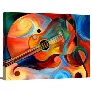 Guitar and Music Notes Illustration Musical Instrument Modern Abstract Oil Painting Framed Canvas Print Wall Art Office Decor Home Decor
