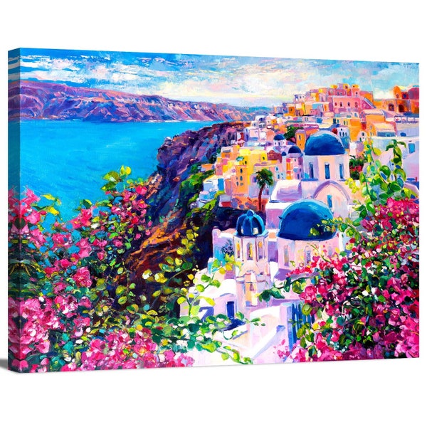 Oia Santorini, Greece Seascape Oil Painting Landscape Pink Flowers Colorful Scenery Wrapped Canvas Print Wall Art Office Decor Home Decor