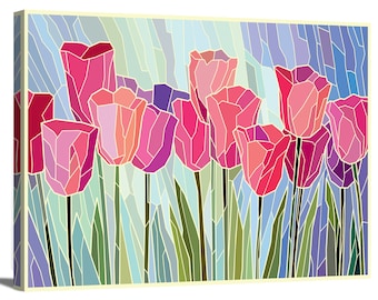 Könnte beinhalten: Eine Illustration im Stil von Buntglas mit einem Strauß rosa Tulpen mit grünen Stielen und Blättern vor einem blauen und grünen Hintergrund.