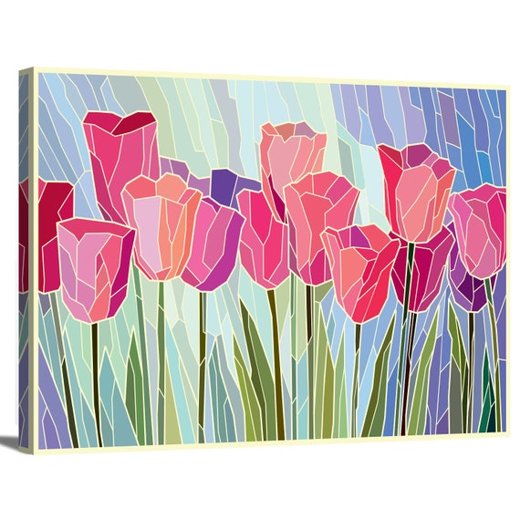 Pink Tulips Flower Bouquet Stained Glass Mosaic Pattern Floral - Etsy