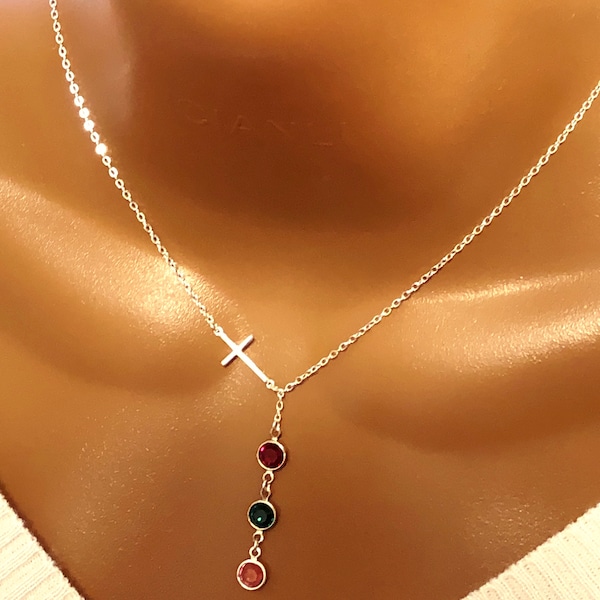 Birthday Gift For Her, Gift For Mom, Personalized Sideway Cross With Birthstone Necklace, Custom Birthstone, Family Necklace