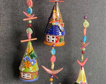 Ceramic house hanging bells . Room and Garden Decor.Handmade.Unique wind chime bells. Wind chimes | wall hanging bells .