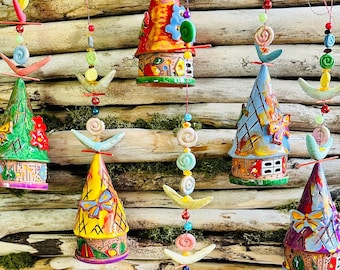 Ceramic house hanging bells . Room and Garden Decor.Handmade.Unique wind chime bells. Wind chimes | wall hanging bells .