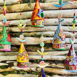 Ceramic house hanging bells . Room and Garden Decor.Handmade.Unique wind chime bells. Wind chimes | wall hanging bells .