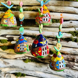 House motives Ceramic hanging bells . Room and Garden Decor.Handmade.Unique wind chime bells original gift |wall hanging bells.Ceramic bells
