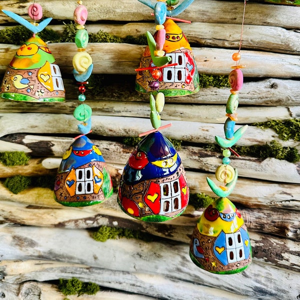 House motives Ceramic hanging bells . Room and Garden Decor.Handmade.Unique wind chime bells original gift |wall hanging bells.Ceramic bells