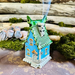 Blue ceramic incense house.Handmade incense holders .Incense cone burner home decor.Home Fragrances.Original interior detail, original gift