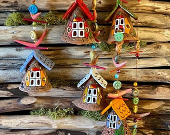 Unique Ceramic house  bells handmade.Room and Garden Decor.Handmade.Unique wind chime bells.Wind chimes | wall hanging bells .Original gift