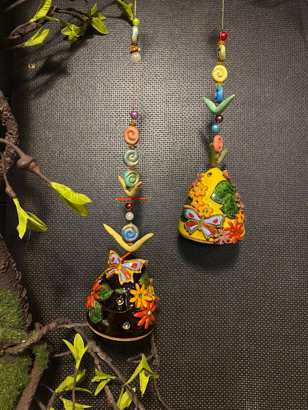 Ceramic Hanging Bells With 3D Flowers. Room and Garden Decor.handmade.unique Wind Chime Bells