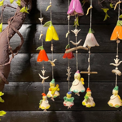 Handmade Ceramic Hanging Bells With Flowers.room and Garden Etsy