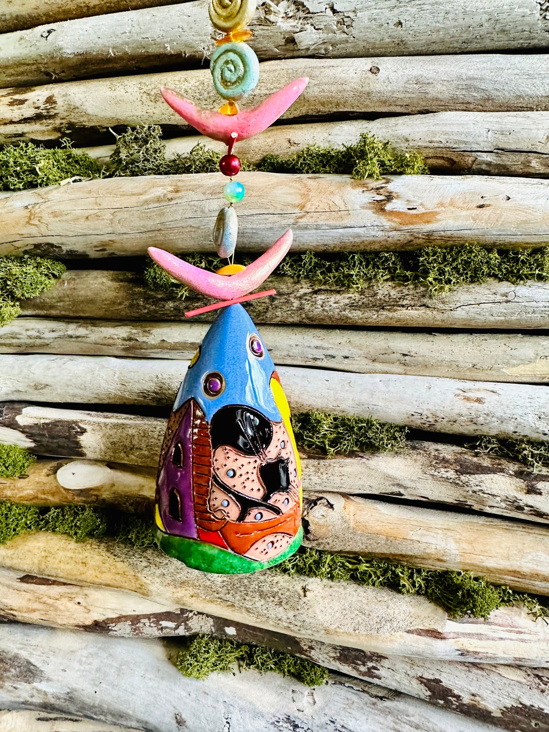 Ceramic Hanging Bells House Motives. Room and Garden Decor.handmade.unique Windchime Bells