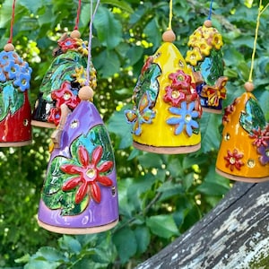 Handmade pottery miniature  bells. Home decorations,hanging ceramic.Bells ornaments.Home decor gift,round with flowers ceramic bells,clay