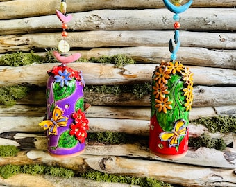 Ceramic handmade Cilinder form hanging bells with 3D flowers.Home Decor.Unique wind chime bells |original gift handmade,home ideas ,bells