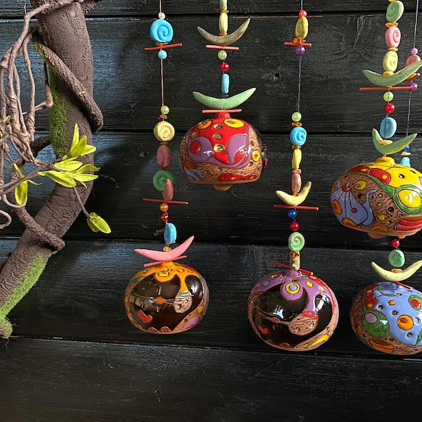 Ceramic round bells"Cat -Teapot". Unique home decor.Handmade ceramic. Wind chime bells .Ceramic wind chime .Original gift,handmade .