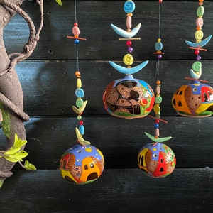 Ceramic Bells wall hanging&quot;Cat in the City&quot;.Unique home decor.Handmade ceramic.Wind chime bells .Ceramic wind chime.Original gift,handmade