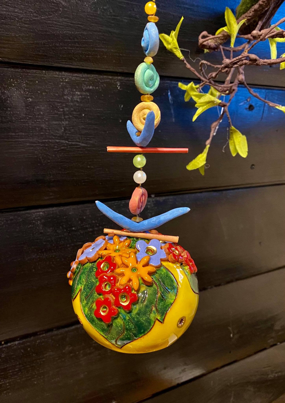 Handmade Ceramic hanging bells 3D flowers. Room and Garden Etsy