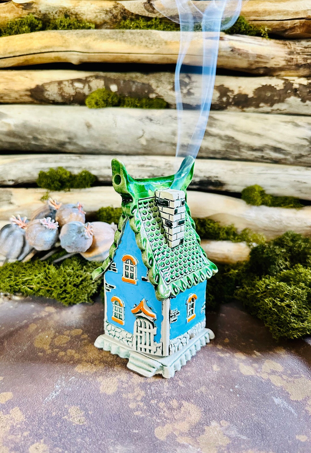 Blue Ceramic Incense House.handmade Incense Holders .incense Etsy