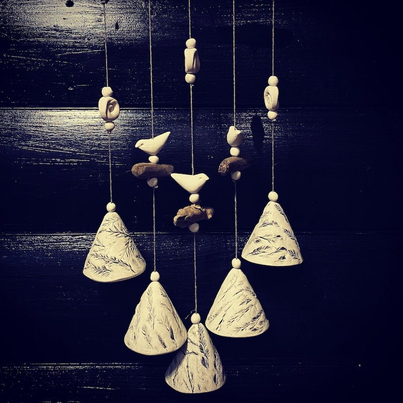 Handmade ceramic bells..Composition of 5 floral pressed bells with driftwood.Room and Garden Decor.Handmade.Wind Chimes.Fine craft. image 2