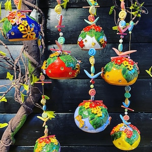 Handmade Ceramic hanging bells 3D flowers. Room and Garden Decor.Handmade.Unique wind chimes bells.Ceramic wind chimes .Wall hanging bells .