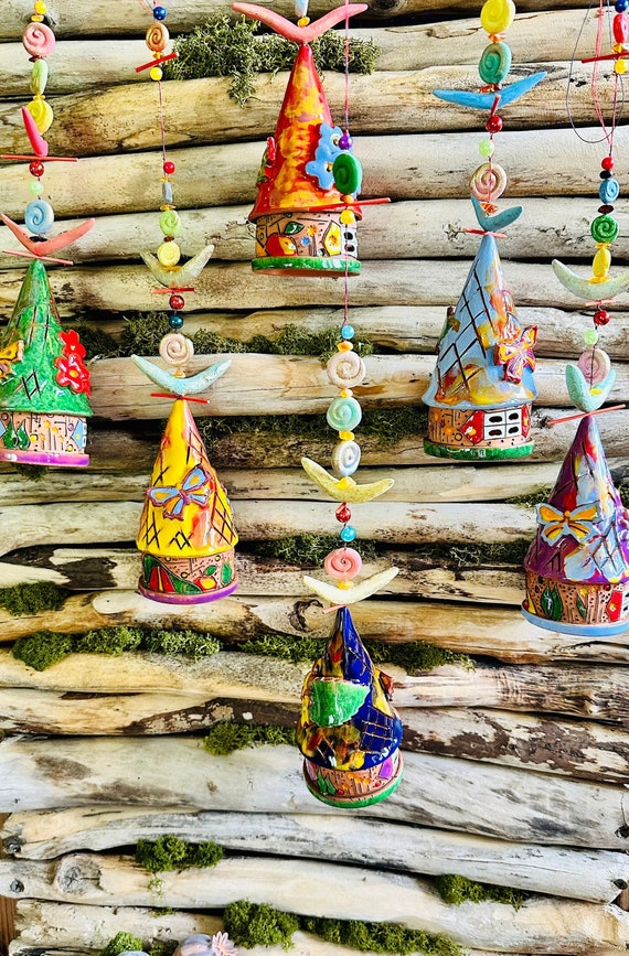 Ceramic house hanging bells . Room and Garden Decor.Handmade.Unique wind chime bells. Wind chimes | wall hanging bells .