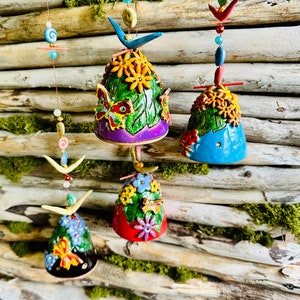 Ceramic hanging bells with 3D flowers. Room and Garden Decor.Handmade.Unique wind chime bells | ceramic wind chime | original gift handmade