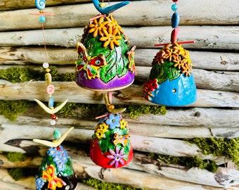 Ceramic hanging bells with 3D flowers. Room and Garden Decor.Handmade.Unique wind chime bells | ceramic wind chime | original gift handmade