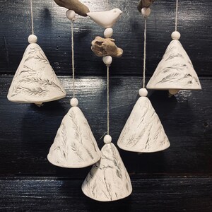Handmade ceramic bells..Composition of 5 floral pressed bells with driftwood.Room and Garden Decor.Handmade.Wind Chimes.Fine craft. image 3