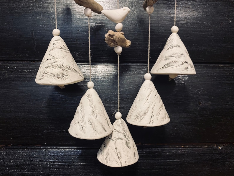 Handmade ceramic bells..Composition of 5 floral pressed bells with driftwood.Room and Garden Decor.Handmade.Wind Chimes.Fine craft. image 3