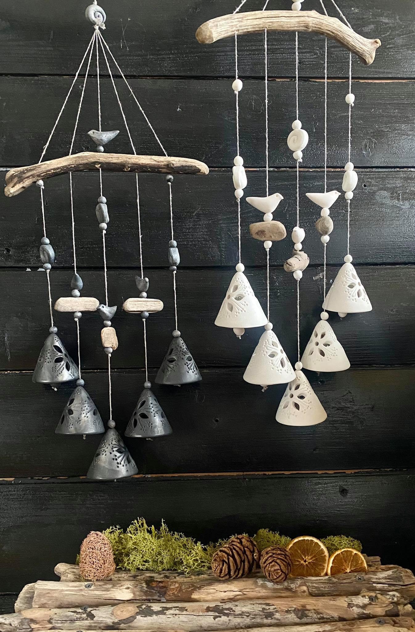 Handmade Ceramic Bells..composition of 5 Floral Pressed Bells With  Driftwood.room and Garden Decor.handmade.wind Chimes.fine Craft. -   India