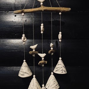 Handmade ceramic bells..Composition of 5 floral pressed bells with driftwood.Room and Garden Decor.Handmade.Wind Chimes.Fine craft. image 4