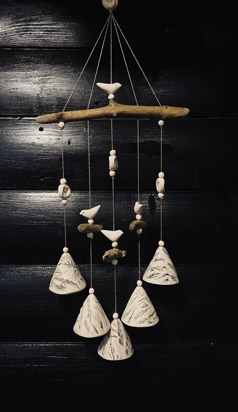 Handmade ceramic bells..Composition of 5 floral pressed bells with driftwood.Room and Garden Decor.Handmade.Wind Chimes.Fine craft. image 4