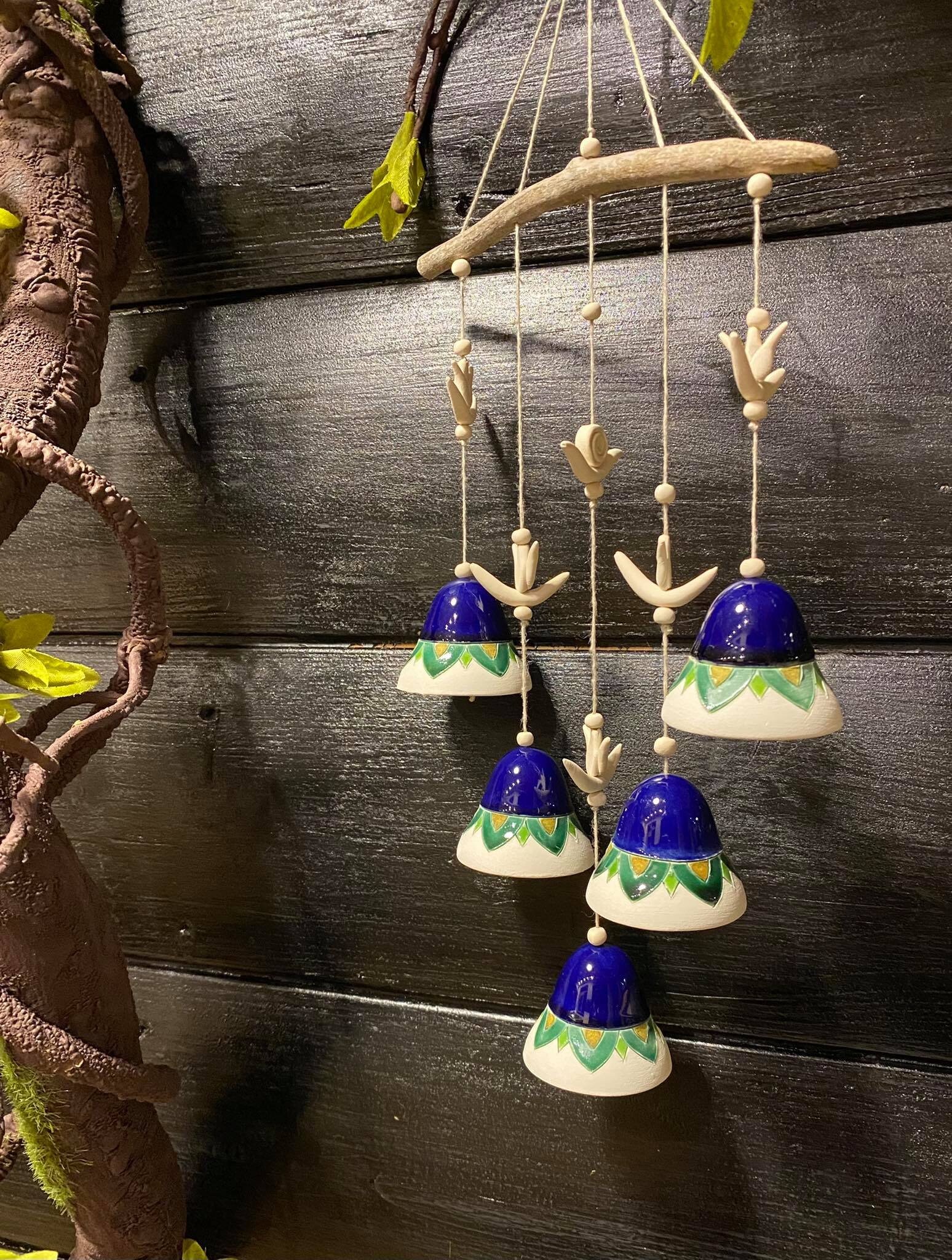 Handmade ceramic Composition of 5 bells with driftwood. Etsy