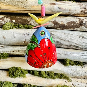 Ceramic hanging bells painted Flowers. Room and Garden Decor.Handmade.Unique wind chime bells,ceramic wind chime , wall hanging bells