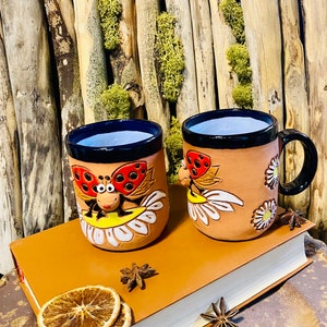 Original Tasse 3D Marienkäfer Kreative handbemalte Cartoon Wasserschale Becher Kaffee Frühstück Paar Handbemalte Keramiktasse, Teebecher Design