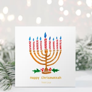 Biglietto Chrismukkah modificabile stampabile, Biglietto di Natale e Hannukkah, Celebrazioni ebraiche, Biglietto Happy Hanukkah, Modello personalizzato CORJL