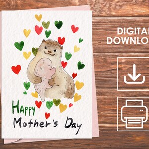 Printable Mother&#39;s Day Card, Loving Otter Family, Otter Mom Hugging Her Baby, Otter Mothers Day Card, Animal Love Postcard, Instant Download