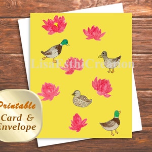 Druckbare Vogel-Karte und Umschlag, Enten und Lotus, Gelbe Vogel-Karte, druckbare Illustrations-Karte, Sofortiger Download & Digitaler Download