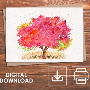 Printable Card, Digital Tree Card, Flower Tree Card, Maple Tree Card, Red Foliage Tree Card, All Occasion Greeting Card, Instant Download